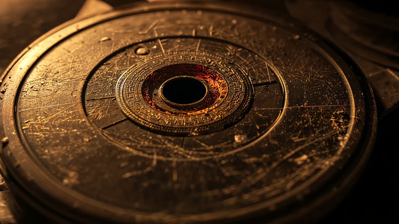 Tremolante luce ambrata di una torcia che rivela graffi, ammaccature e bruciature di dischi metallici in una camera oscura