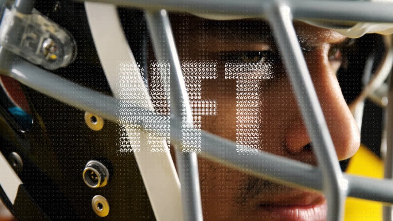 Wearing helmet, football player with NFT animation overlay in digital style