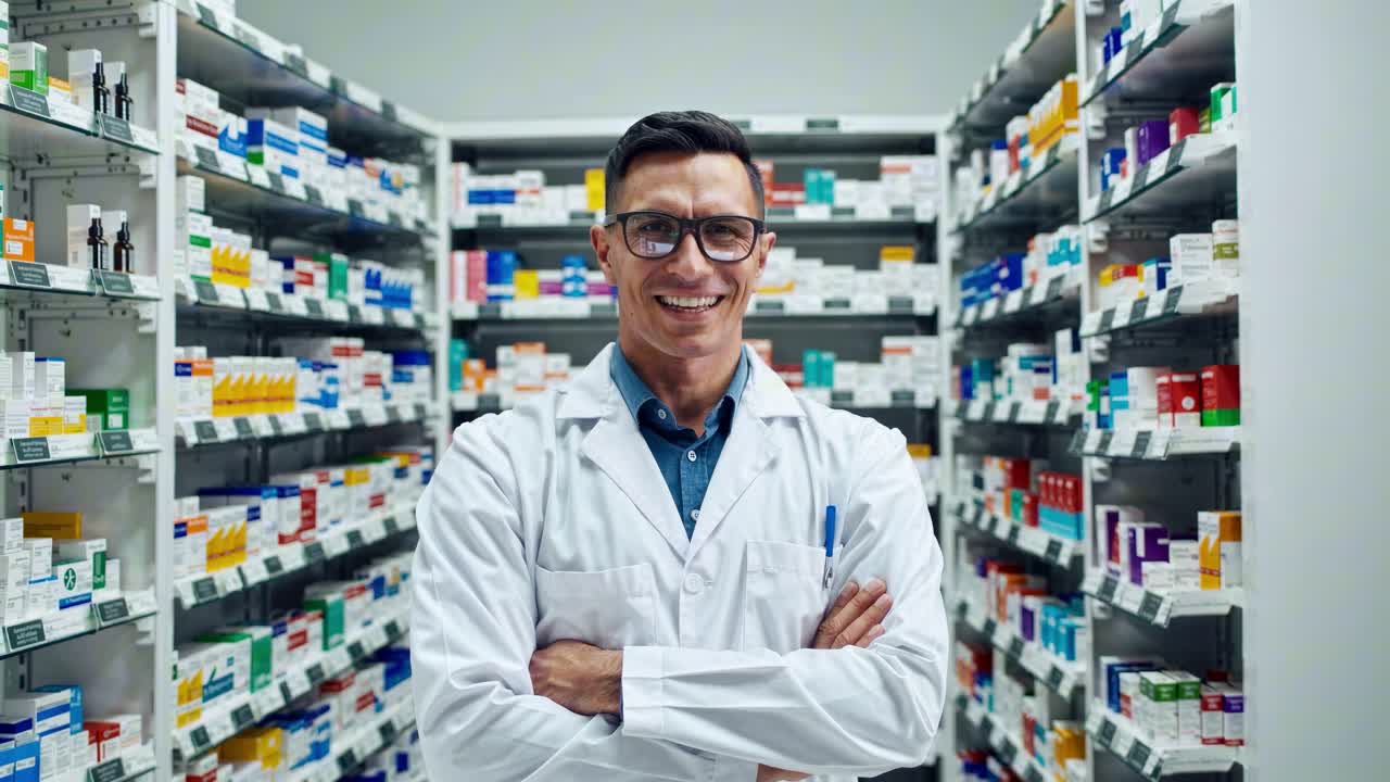 A confident pharmacist in a white coat stands in a pharmacy aisle