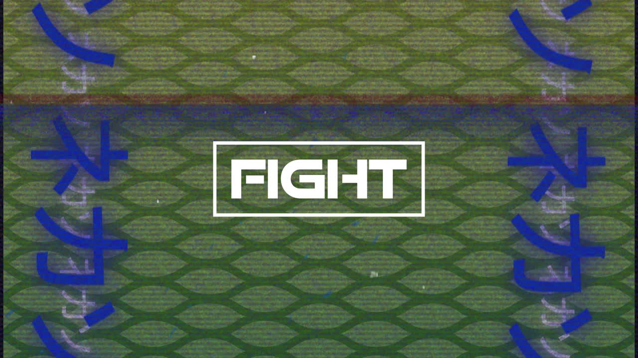 하색으로 싸움 텍스트의 애니메이션과 푸른색으로 간섭하는 녹색 패턴에 대한 일본어 텍스트