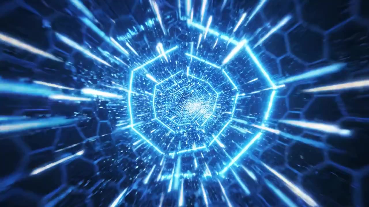 A mesmerizing journey through a futuristic hexagonal tunnel filled with glowing blue light and intricate patterns, creating an illusion of depth and motion.