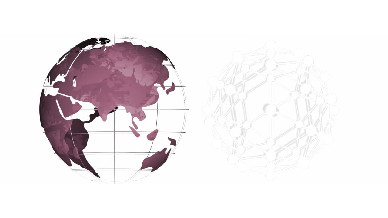 Animation of rotating purple globe and spherical network of connections, on white