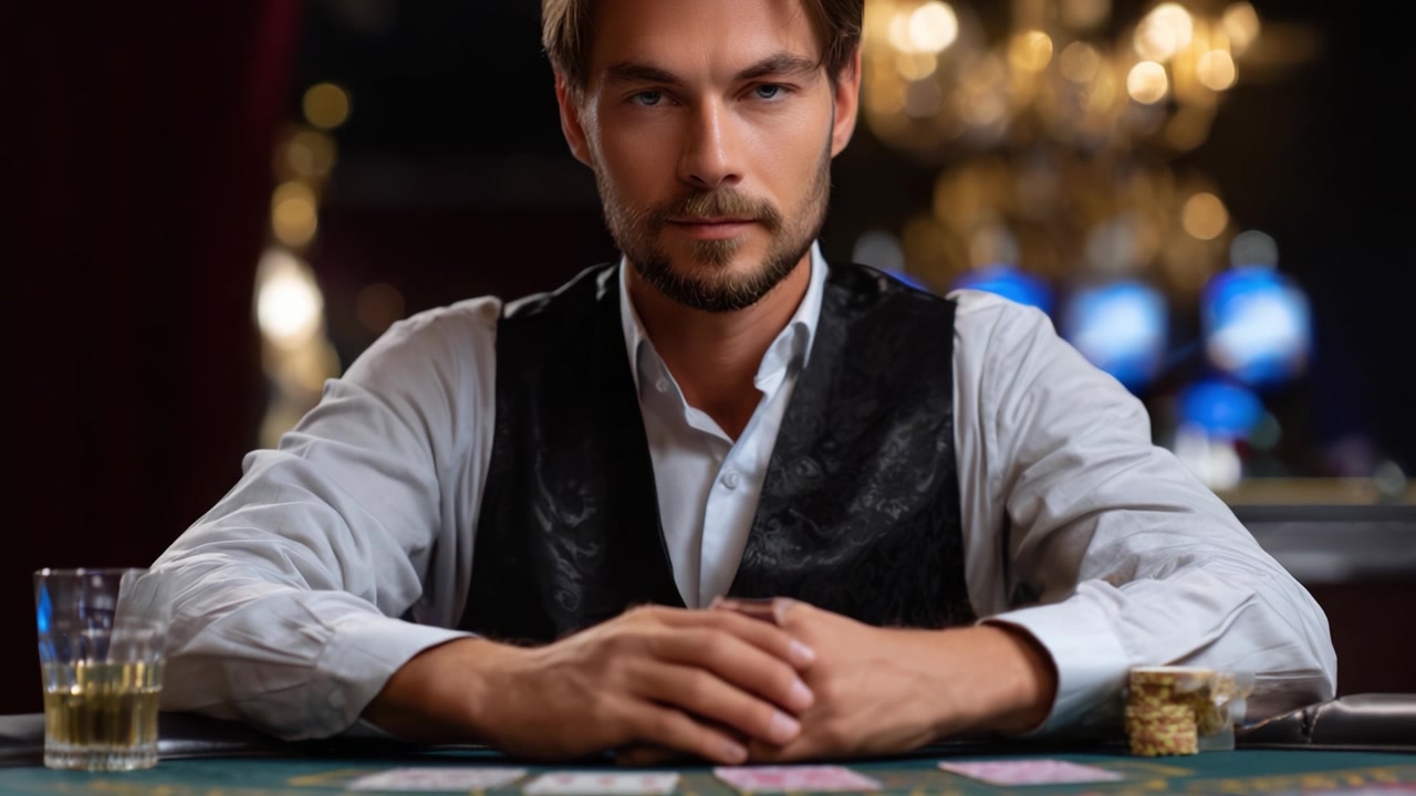 Um Jogador Confiante na Mesa de Cassino, Exibindo a Intriga do Pôquer com Olhos Focados e uma Mão Vencedora Sob Iluminação Atmosférica e Decoração Elegante