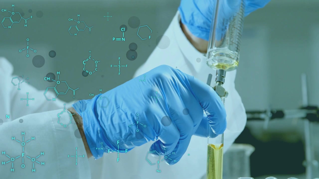 Lab tech tuning burette valve, releasing drops into tube, checking sample with molecular overlays