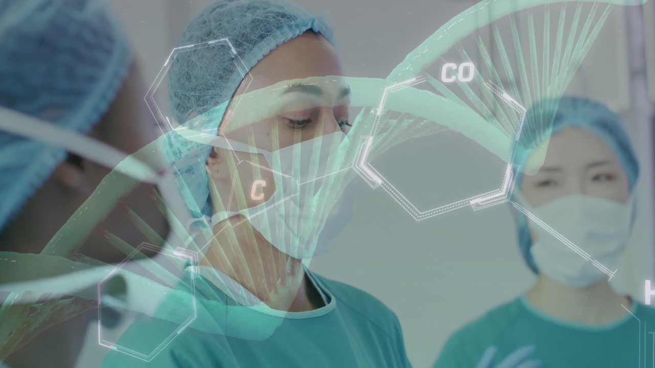 анимация цепи днк и химической формулы над различными хирургами, работающими в больнице.