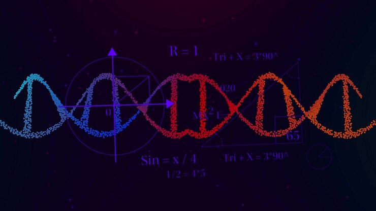 Particle double-helix waveform pulsing and shifting after circle fading in, revealing math guides