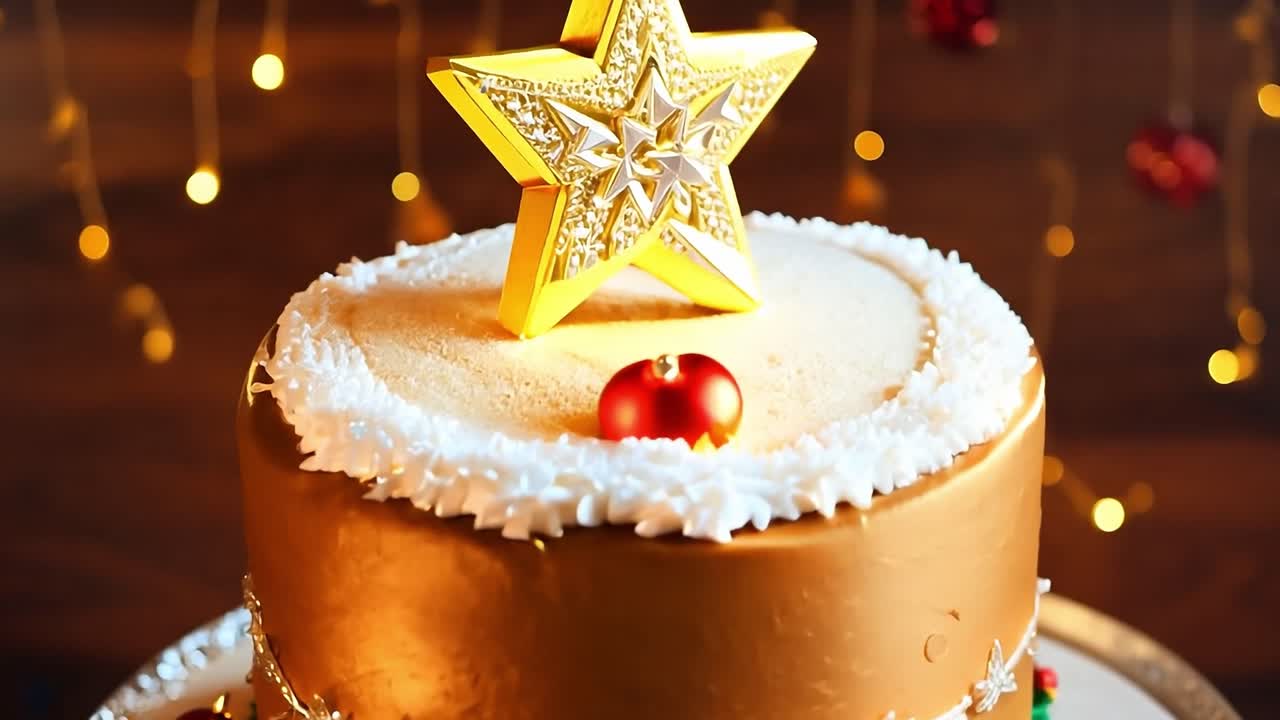 pastel de navidad dorado con copos de nieve y estrella