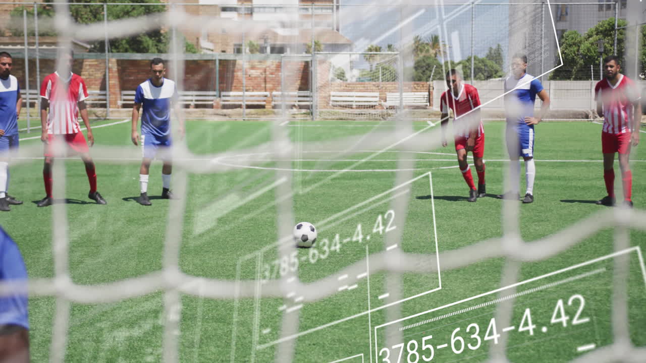 Soccer players on field with data processing animation over goal net