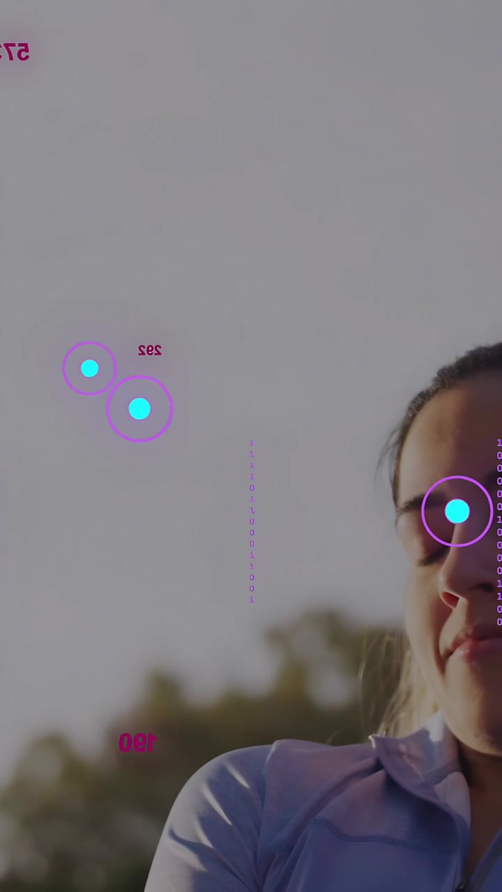 Vertical video: Woman standing right, detection banner showing as AR HUD drifting over torso for ID