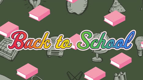 animación del texto de regreso a la escuela sobre los iconos de los artículos escolares en fondo verde