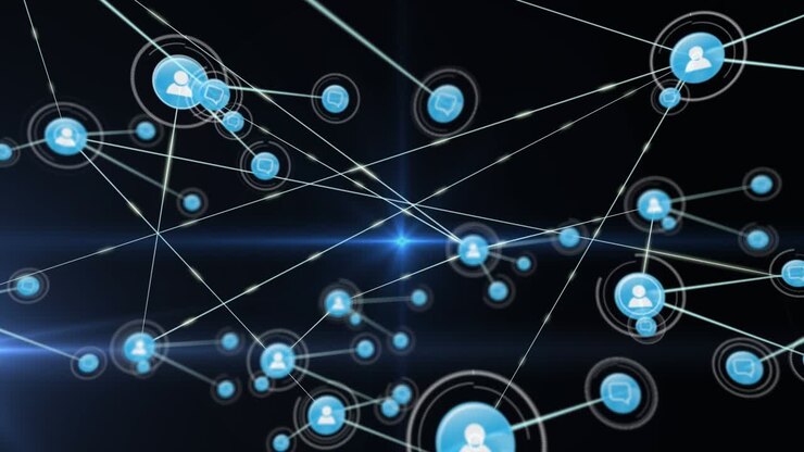Animation of network of connections with icons over light trails on black background
