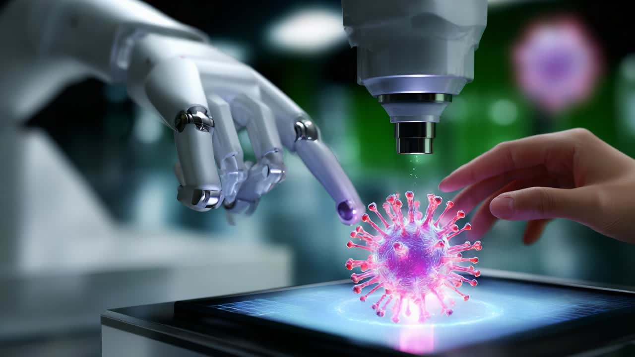 A futuristic interaction between a robotic hand and a human hand, both reaching towards a holographic representation of a virus, signifying the collaboration between technology and biology in combatting health threats