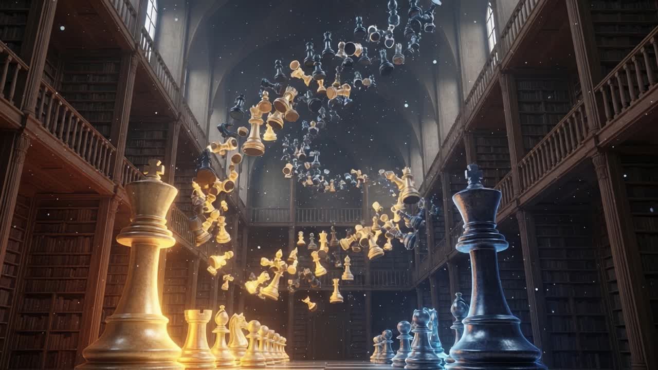 A Stunning Display of Chess Pieces in Dynamic Motion: An Artistic Representation of Strategy and Intelligence within a Grand Library Setting