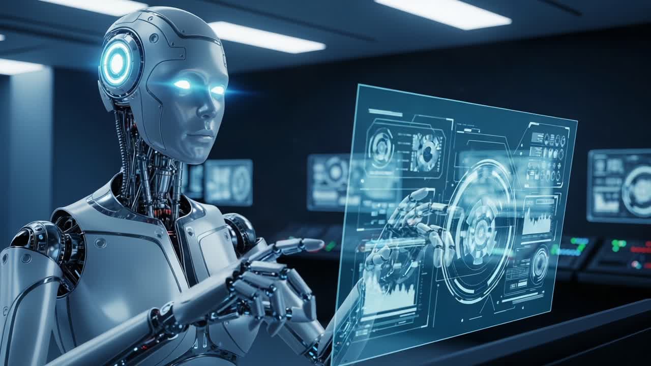 A Sophisticated Robotic Entity Engages with a Futuristic Holographic Interface in a High-Tech Control Room Setting, Showcasing Advanced Technology and Interaction