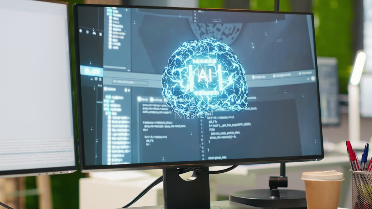 Close Up Of Pc Screen On Startup Office Desk Showing Artificial Intelligence