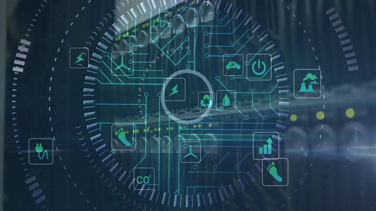 Animation of icons, circuit board pattern, lines forming circles, back panel of server rack