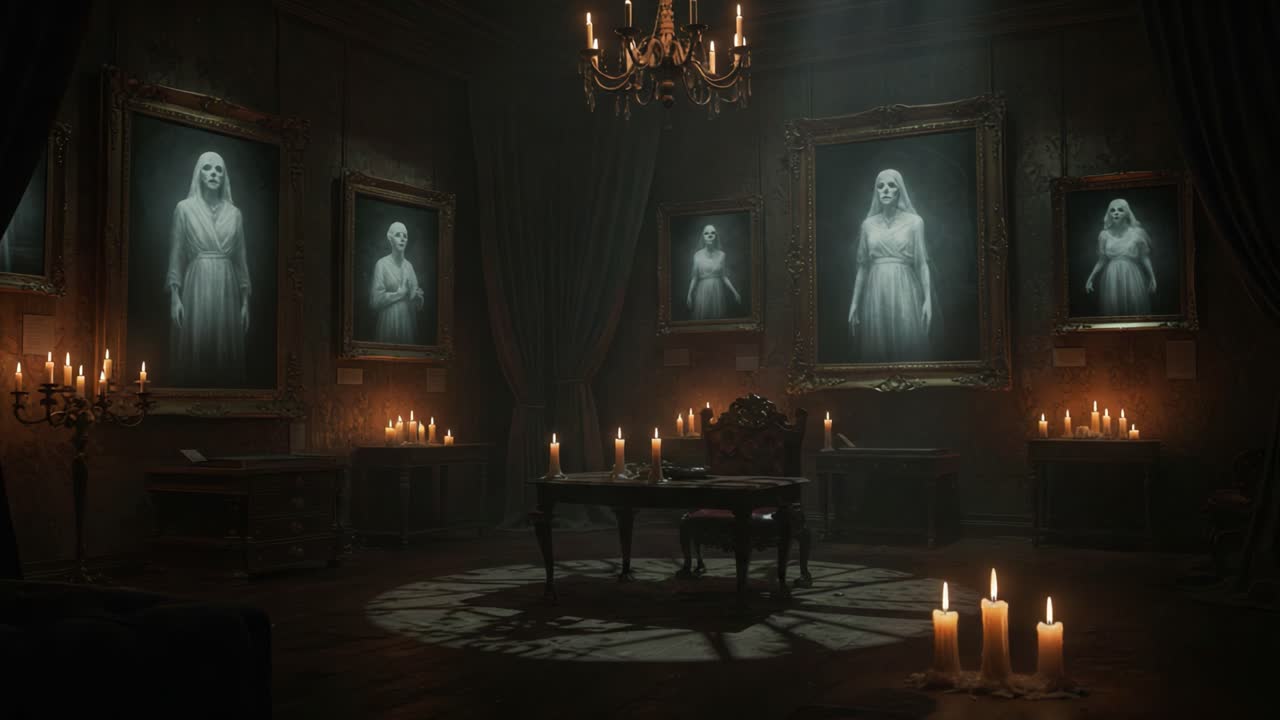 Mysterious Elegance: A Haunting Gallery of Spectral Portraits Illuminated by Flickering Candlelight in an Enigmatic Room