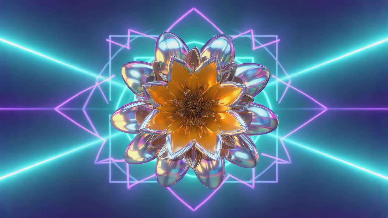 Abstract Iridescent Flower with Neon Geometric Background