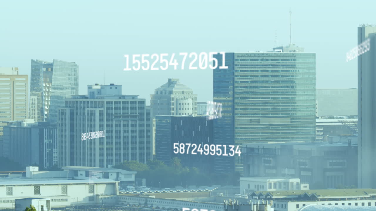 도시 풍경 위의 숫자 애니메이션과 데이터 처리