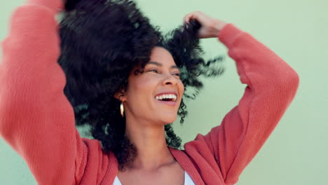 freedom, hair and happy with a black woman playing