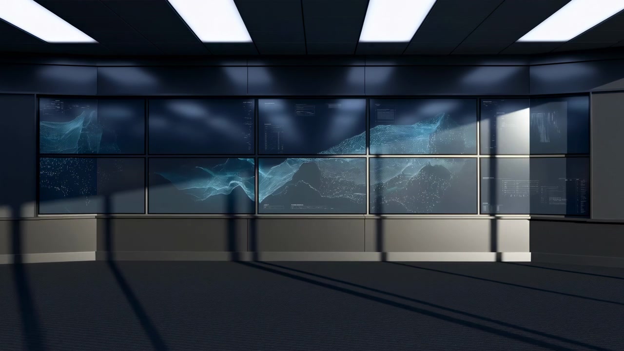 Wide frontal view shows blue luminous patterns shifting across multiple wall displays while bright ceiling panels illuminate a dark spacious interior with clean geometric architecture.
