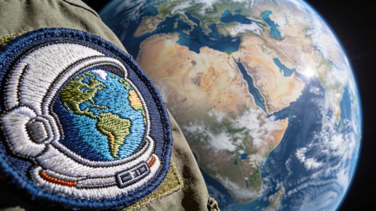 Panoramica ravvicinata della telecamera su una toppa ricamata di un astronauta su una giacca da volo color cachi, che rivela un dettaglio della Terra.