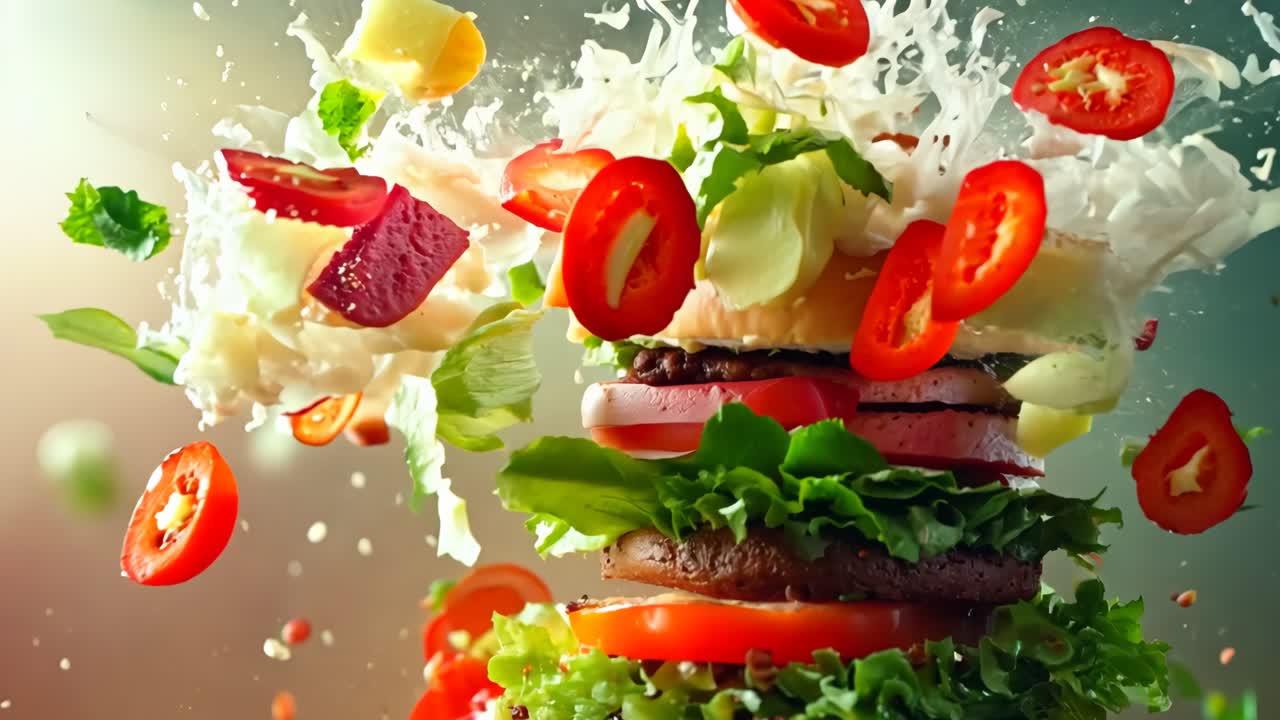 , 토마토, 양파, 치즈 를  에 넣은 큰 햄버거