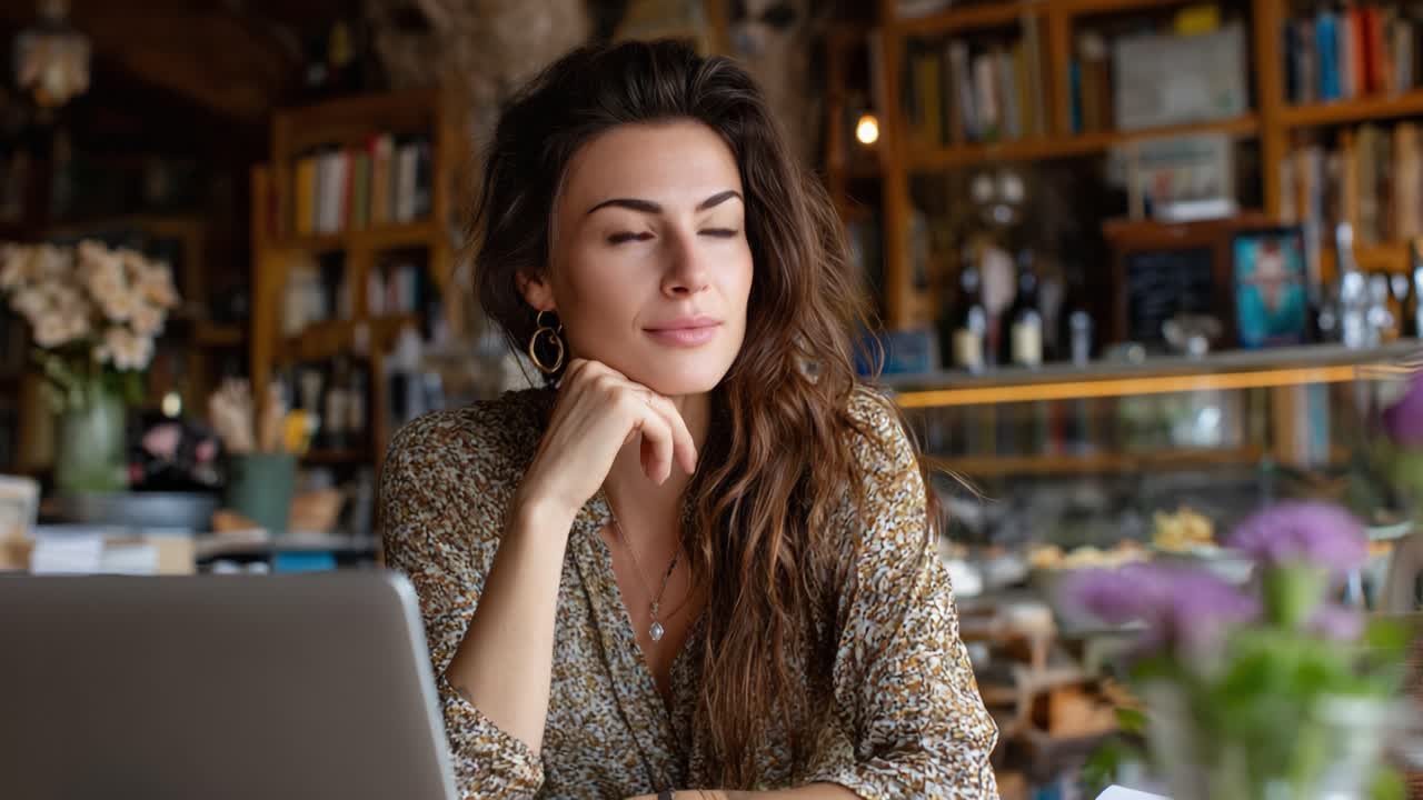 Donna contemplativa in un'accogliente caffetteria: un ritratto di riflessione, creatività e connessione con la natura, circondata da libri e dettagli floreali
