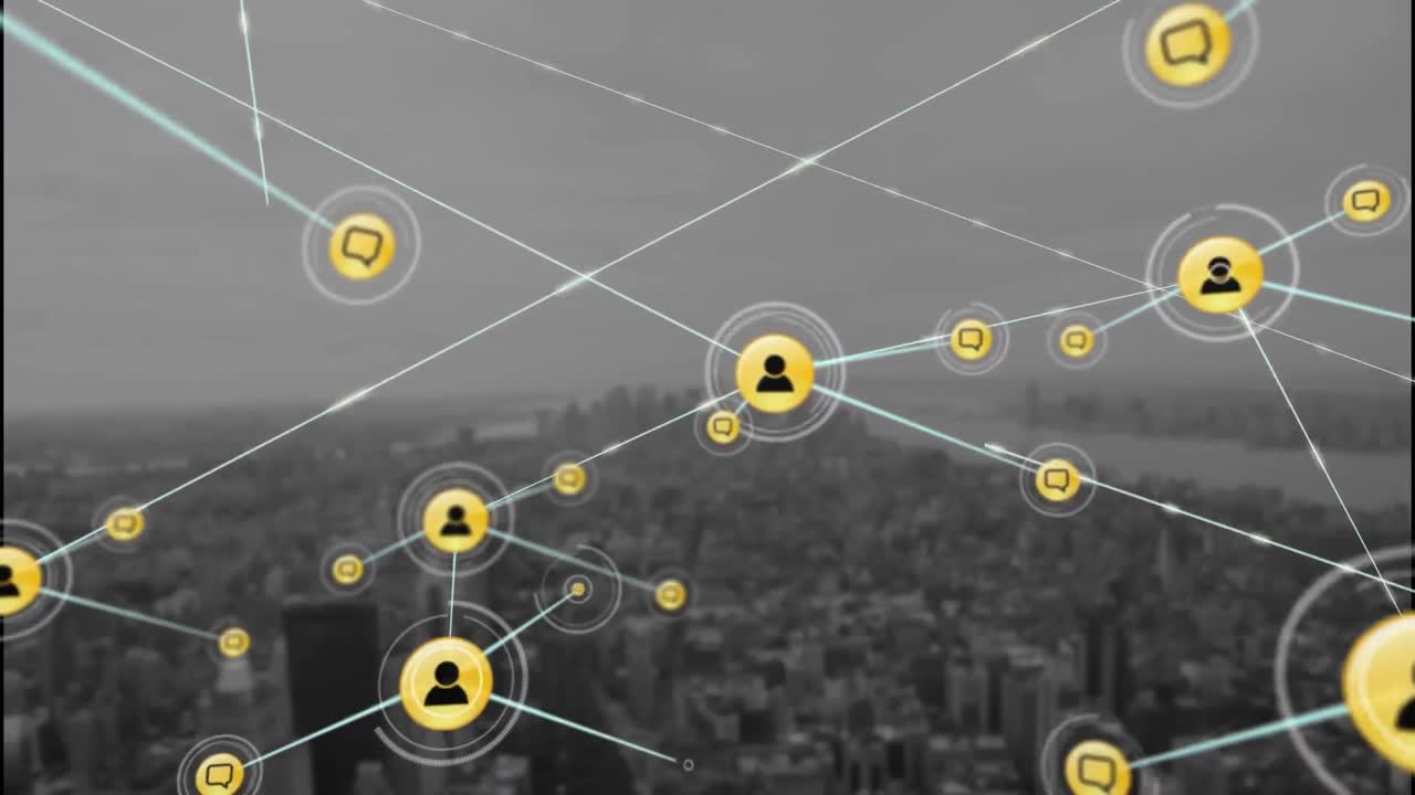 animación de iconos conectados con líneas sobre el paisaje urbano moderno en el fondo.