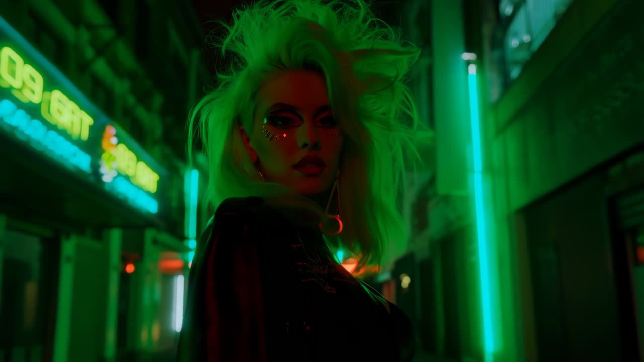 Cyberpunk Woman in Neon Green Cityscape at Night