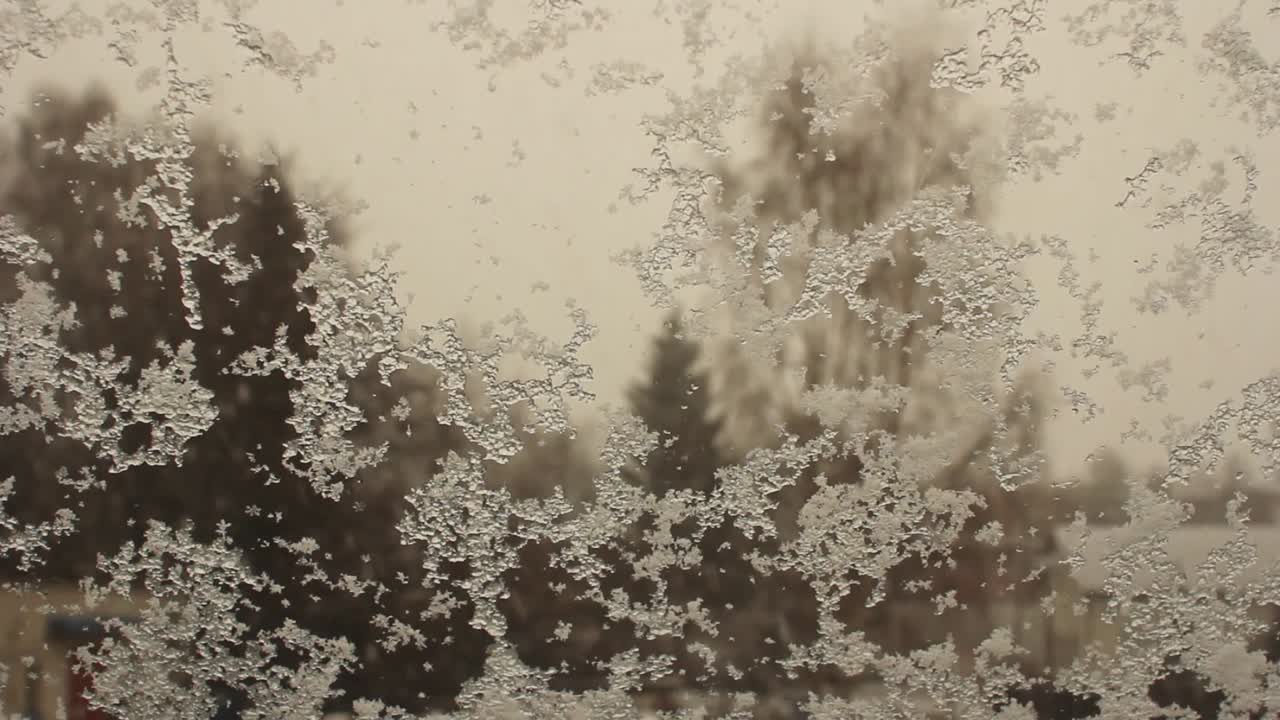 A view from a window in the winter. Outside is snowing.