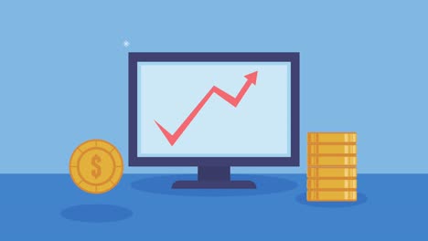 financial business animation with coins and desktop