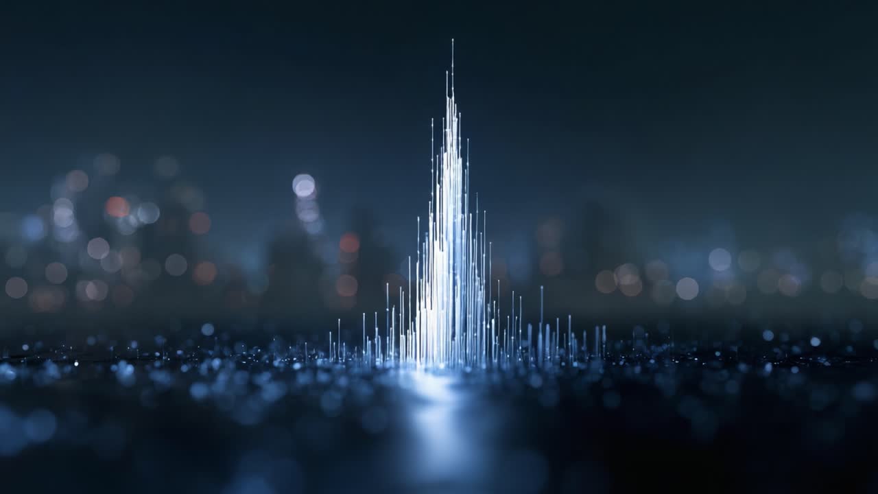A Stunning Visual Representation of Light and Sound Waves Emanating from an Abstract Structure in a Dark Cityscape Background Enhancing Digital Aesthetics