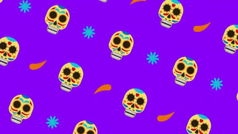 colorful skulls and flowers animation over purple background