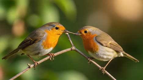 two beautiful birds engaged in a delicate interaction on a branch, capturing the essence of nature's grace and the intricacies of animal behavior