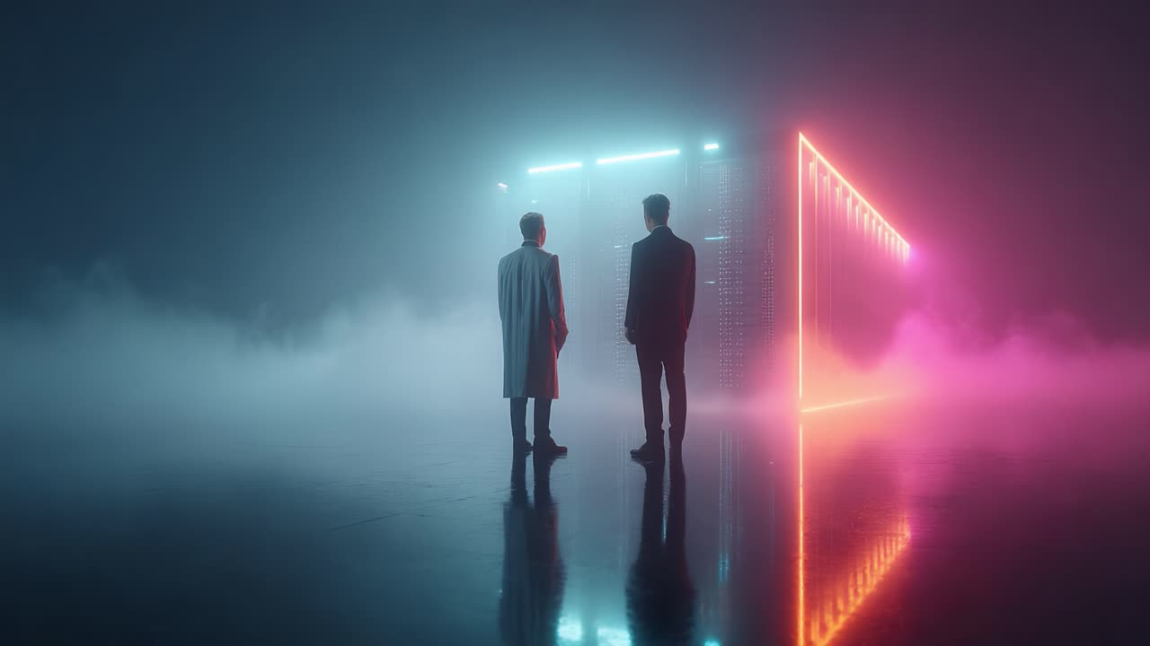 Two silhouetted figures stand before a glowing, neon-lit structure in a fog-drenched environment, creating an atmosphere of mystery and intrigue in this surreal setting