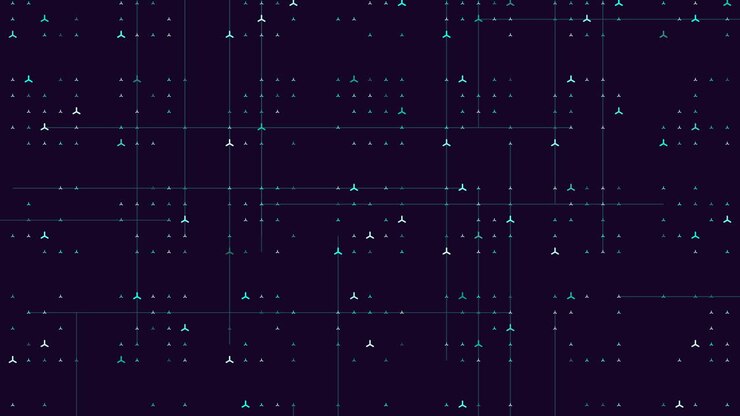 Colorful maze pattern of grid of circles in red and blue