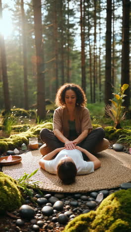 two women practicing healing or meditation in a serene forest