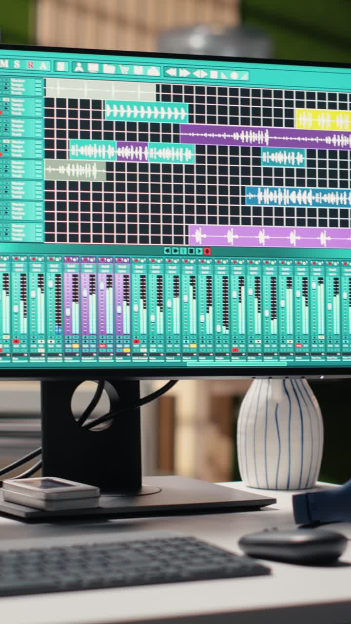 Vertical Video Empty Office Set Up As Music Production Studio With Audio Editing Software