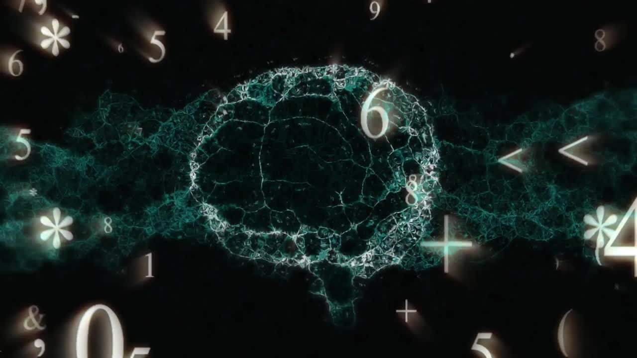 animación de datos numéricos y símbolos sobre una red cerebral brillante sobre un fondo oscuro