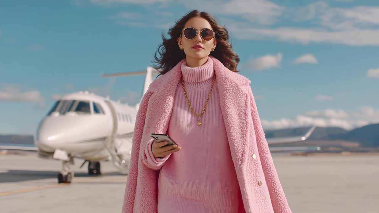 A Stylish Figure in Pink Apparel Strolling Elegantly Towards a Private Jet on a Sunny Day, Exuding Luxury and Glamour with a Confident Attitude