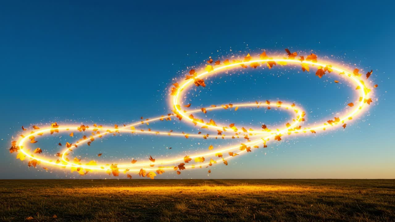 A Stunning Visual Display of Golden Light Trails and Autumn Leaves Creating an Enchanting Pattern Against a Clear Blue Sky at Dusk