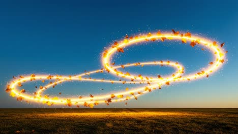 a stunning visual display of golden light trails and autumn leaves creating an enchanting pattern against a clear blue sky at dusk