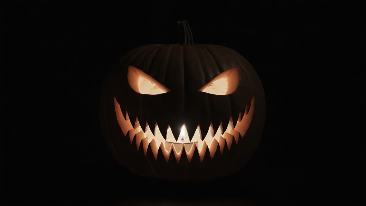 Ein unheimlicher Jack-o'-Lantern mit grinsendem Ausdruck erhellt die Dunkelheit und schafft eine gruselige Atmosphäre, perfekt für Halloween-Feiern und Schrecken.