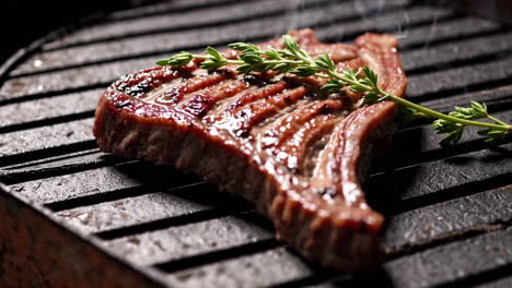 sizzling steak on a grill with thyme