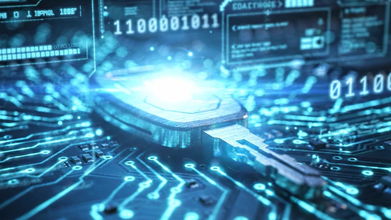 Futuristic Car Key on Digital Circuit Background: A Close-Up Exploration of Technology and Security Features in Modern Automotive Key Design