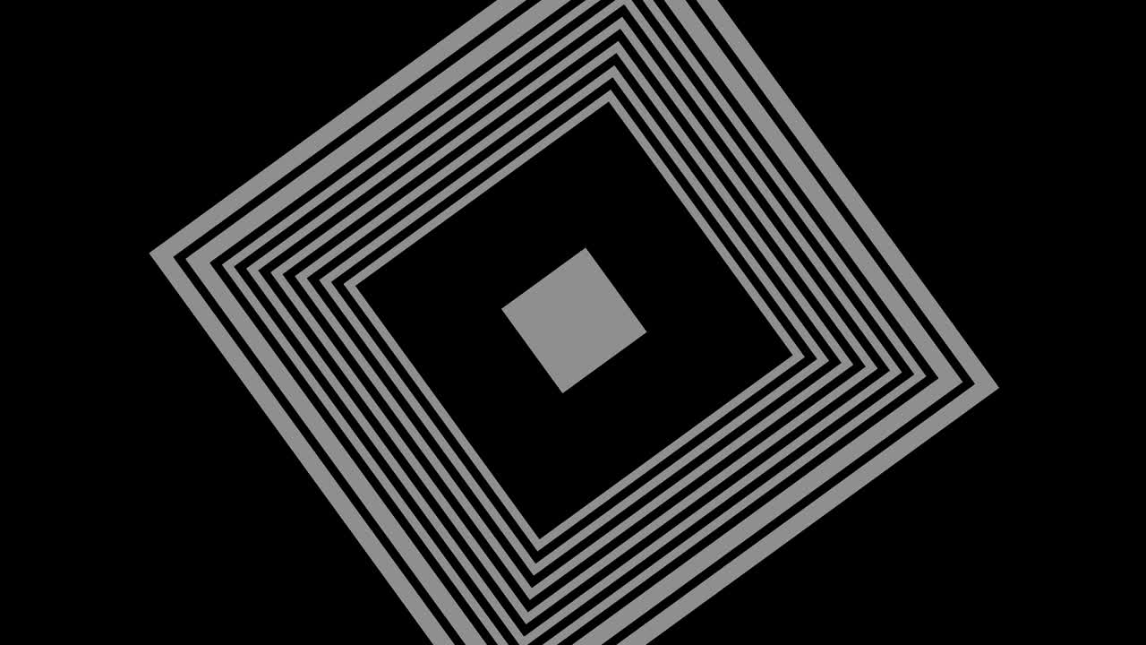 objeto gráfico en blanco y negro con efecto estroboscópico e hipnótico, que gira en el sentido de las agujas del reloj disminuyendo el tamaño de pantalla completa a desaparecer en el centro, en formato de video 16: 9