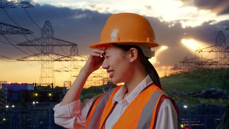 vista lateral de cerca de una ingeniera asiática con casco de seguridad que tiene dolor de cabeza mientras trabaja cerca de una torre de alto voltaje