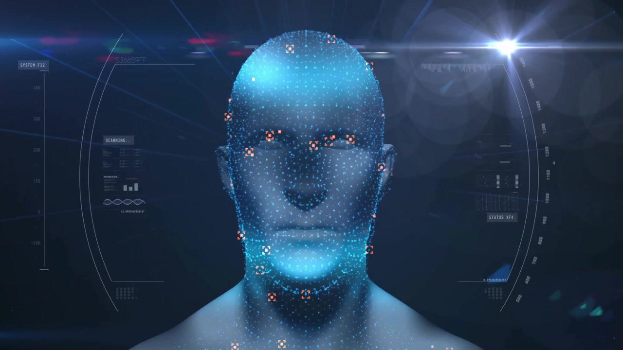 Blue particles coalescing into 3D head mesh activating scan beam and red markers for status check
