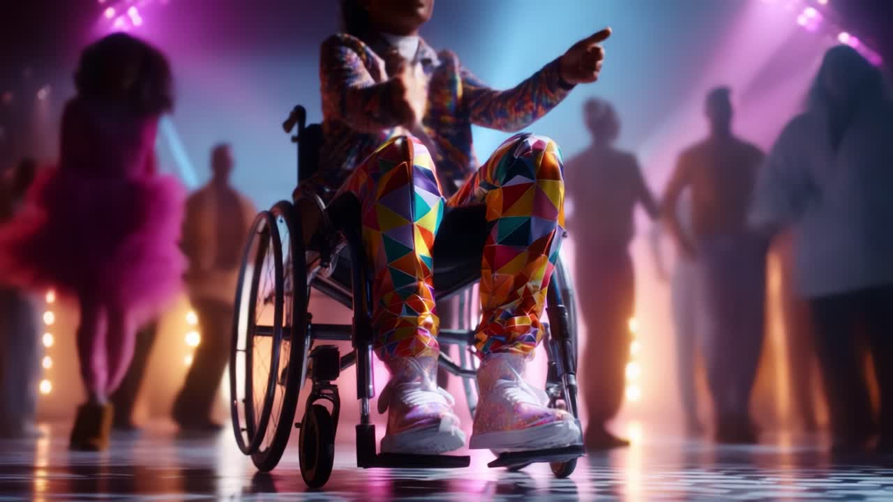 A Celebration of Dance and Inclusivity: Spotlight on an Individual in a Wheelchair Grooving to the Rhythm Amongst a Vibrant Crowd Under Colorful Lights